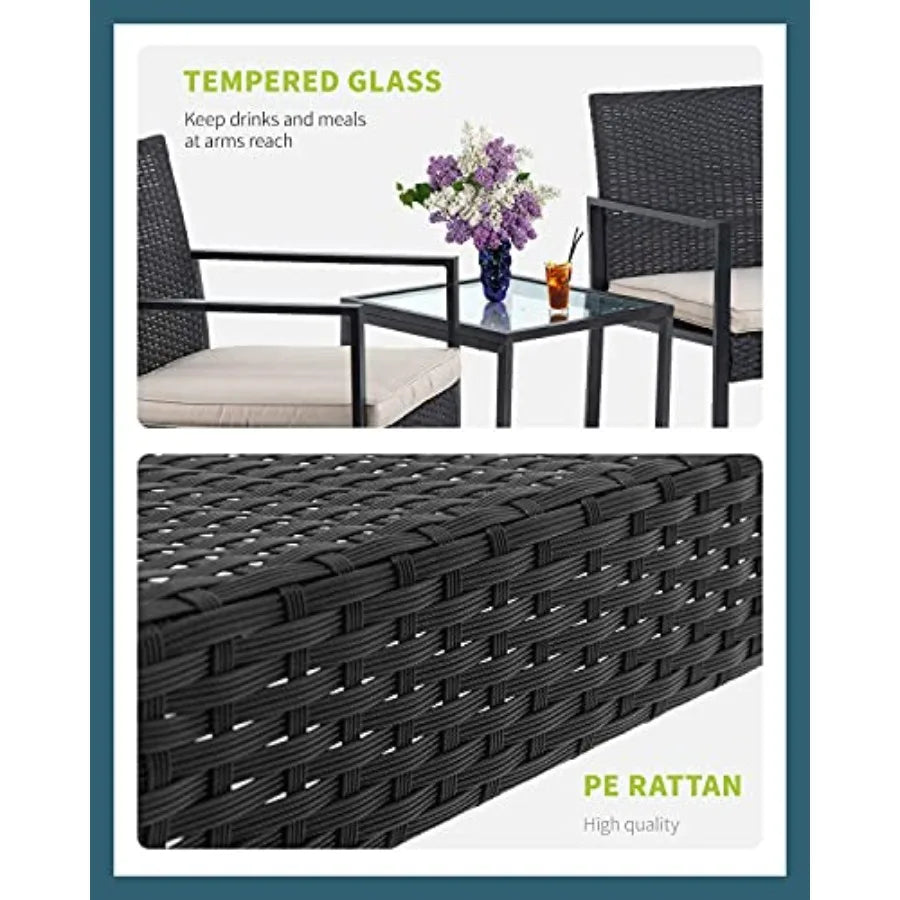 FDW 3 Pieces Outdoor Patio Furniture Wicker Bistro Rattan Chair Conversation Sets for Yard Lawn Balcony Poolside BackyardBlack