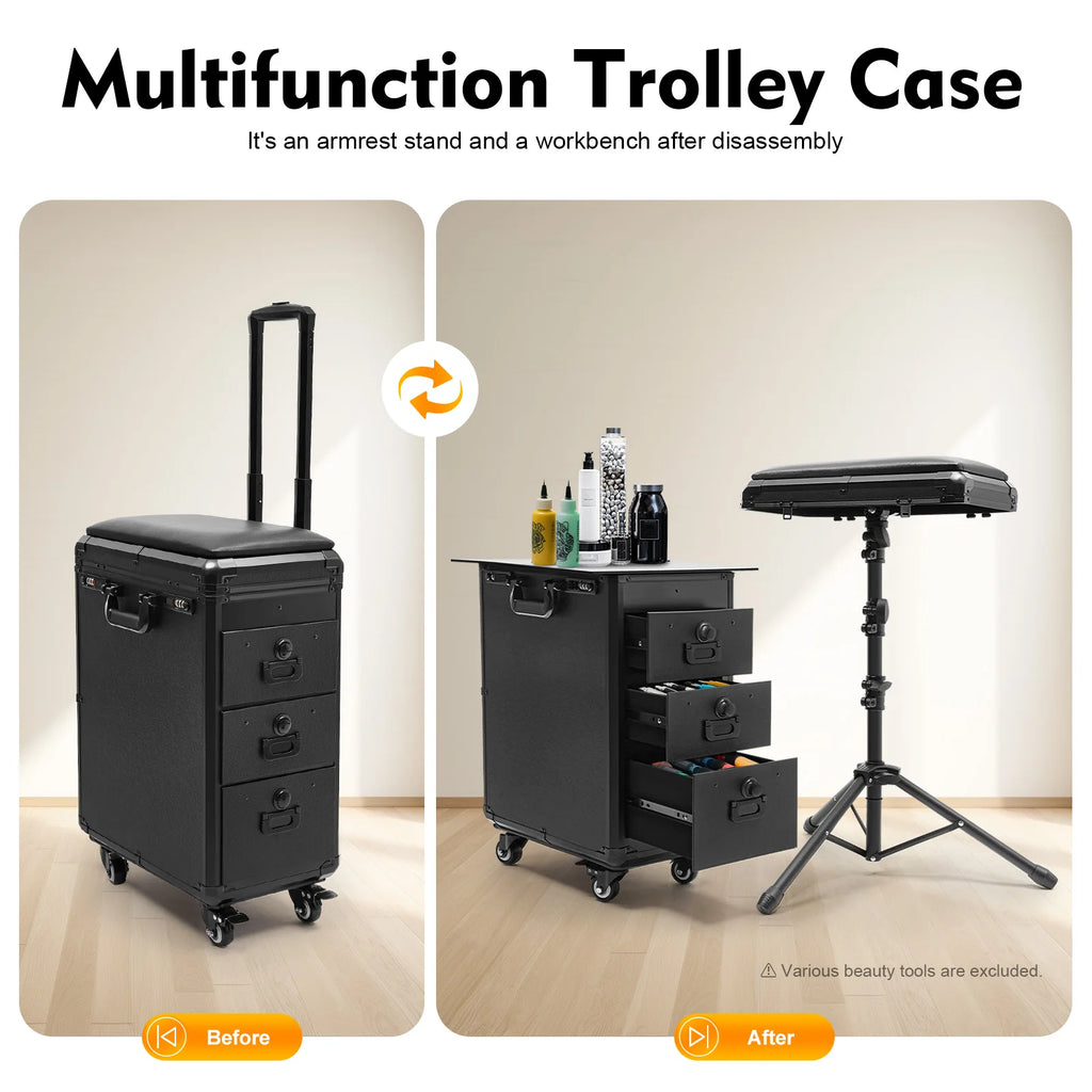 Professional Rolling Makeup Case with 3 Drawers Acrylic Top Removable Tripod Stand with 4 Universal Wheels for Makeup Artist