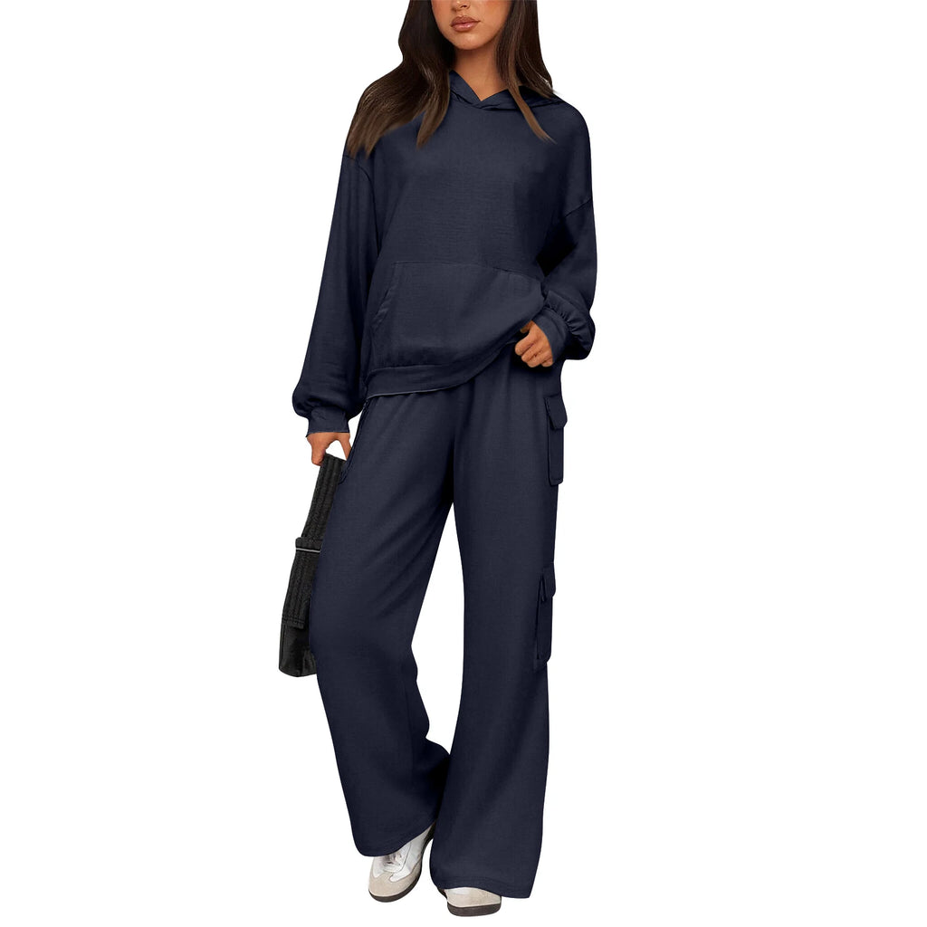 Relaxed Stylish Women Two Piece Set Hoodie Popular Cargo Pocket Wide Leg Pants Trendy Loose Fit Comfy Casual Lounge Outfit