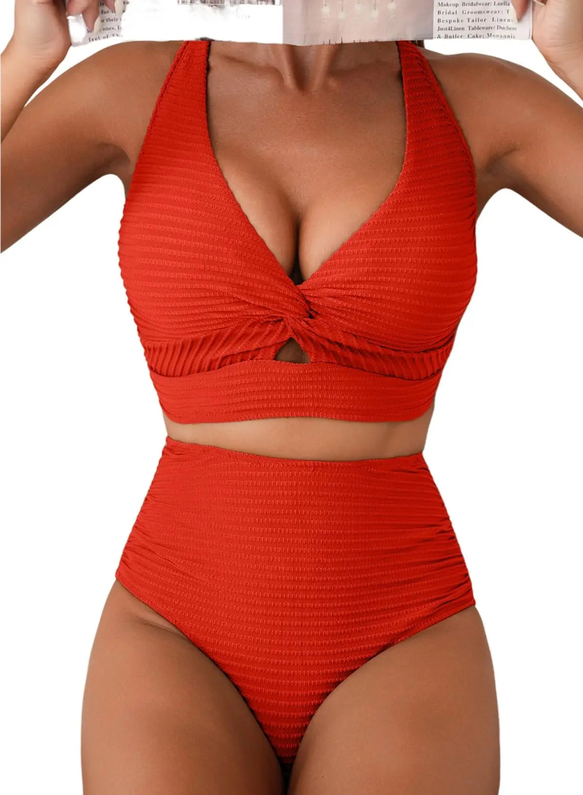 Herseas Women's Textured Bikini Sets Twist Front Top Swimsuits High Waisted Bathing Suits