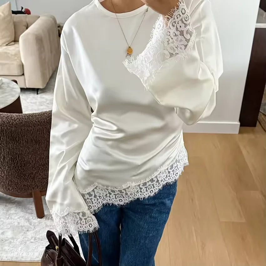 Elegant Satin Lace Patchwork Tops Women 's Slim Belted Waist-cinching O-neck Long Sleeves Female Shirt 2026 Spring Lady Fashion