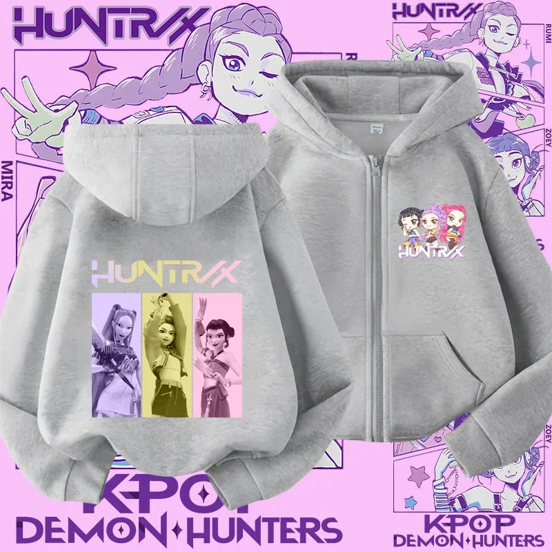 Style Girls' Sport Shirt Kpop Demon Hunters Children's Zippered Hooded Casual Jacket Spring-Autumn Long-Sleeved Cartoon Print