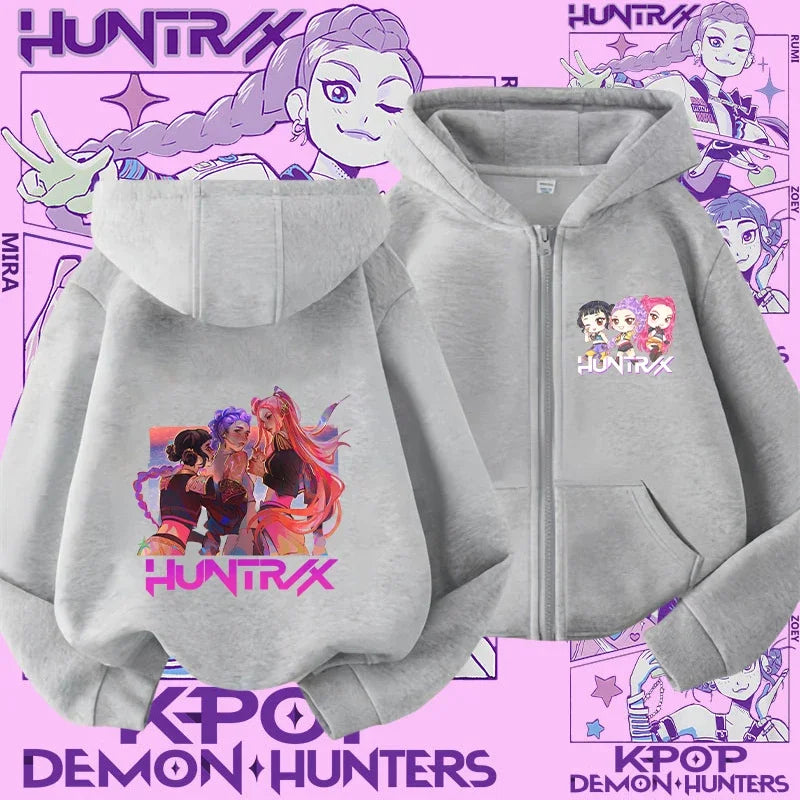 Style Girls' Sport Shirt Kpop Demon Hunters Children's Zippered Hooded Casual Jacket Spring-Autumn Long-Sleeved Cartoon Print