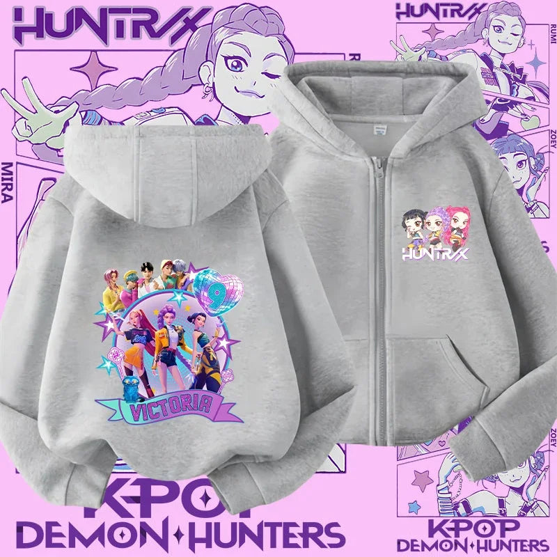 Style Girls' Sport Shirt Kpop Demon Hunters Children's Zippered Hooded Casual Jacket Spring-Autumn Long-Sleeved Cartoon Print