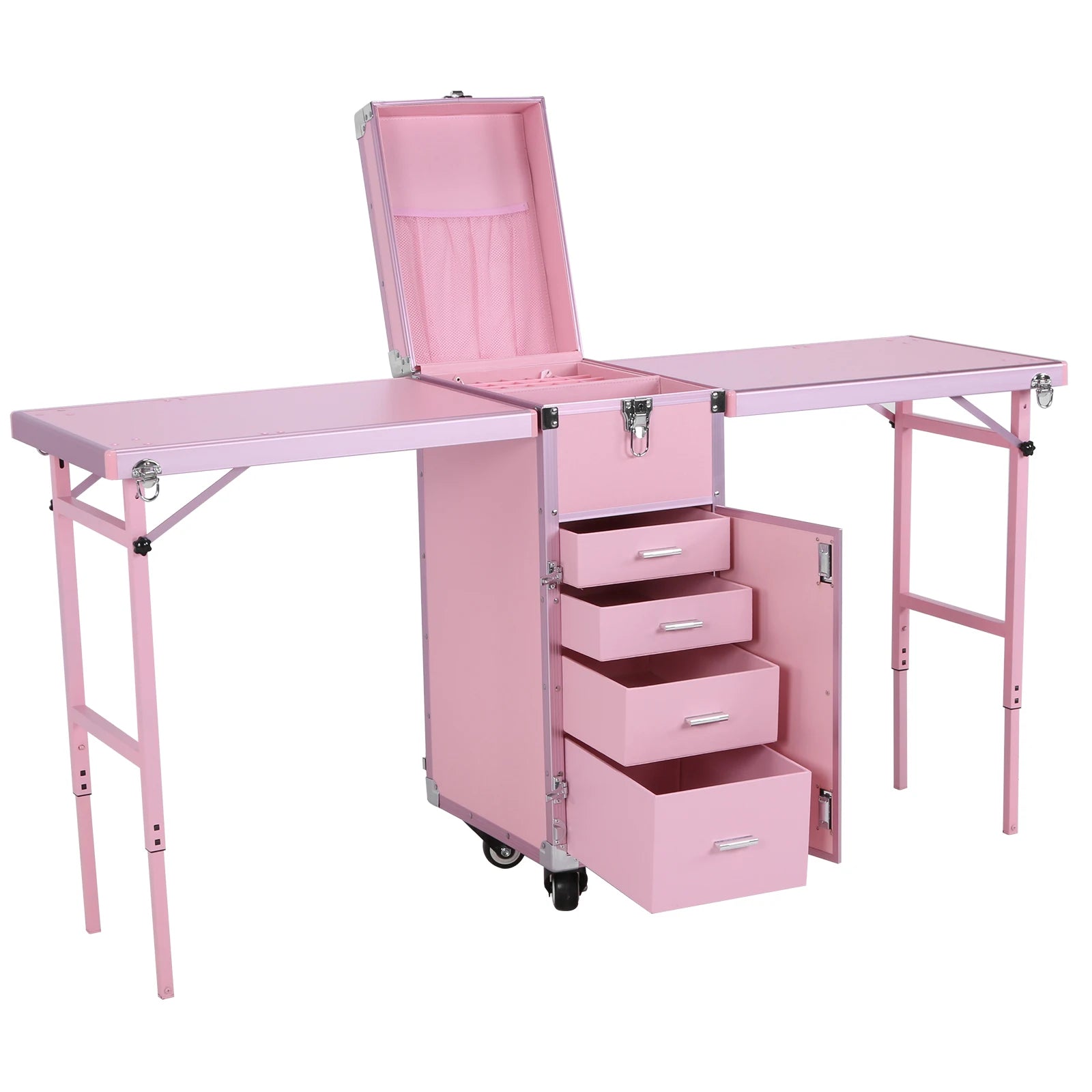 Portable Manicure Table Foldable Nail Table Makeup Train Case with Desk Cosmetic Trolley Travel Storage Organizer with Drawers