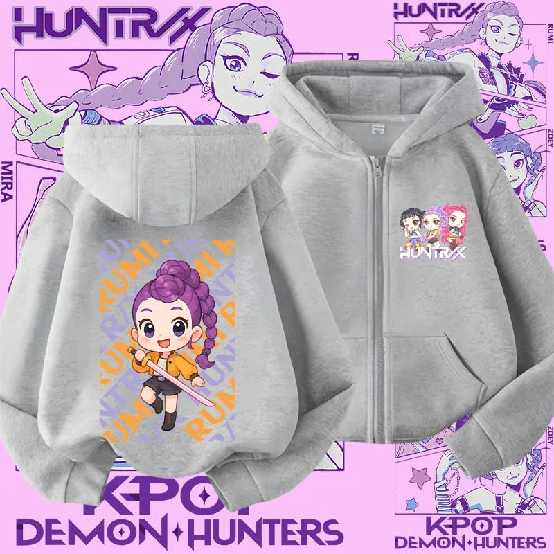 Style Girls' Sport Shirt Kpop Demon Hunters Children's Zippered Hooded Casual Jacket Spring-Autumn Long-Sleeved Cartoon Print