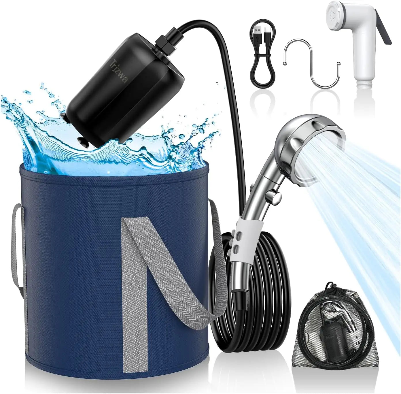 Portable Camping Shower with Digital Display, Adjustable Head & Folding Bucket for Outdoor Use