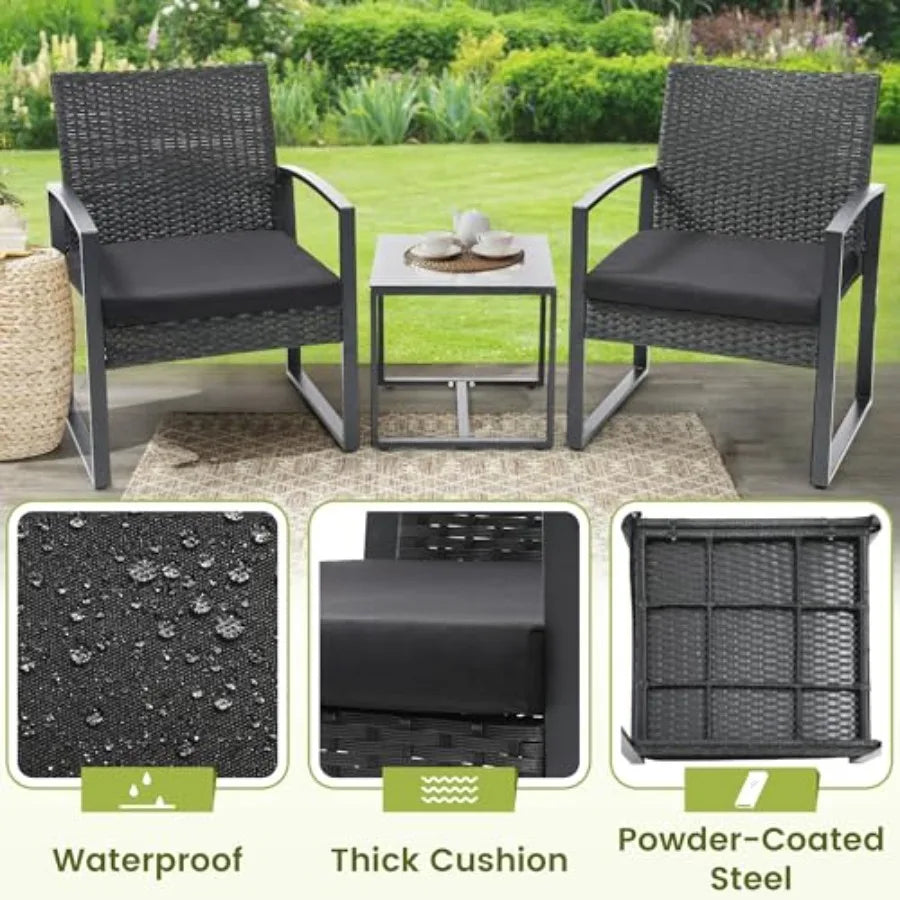 3 Piece Wicker Patio Bistro Set Rattan Conversation Set with Coffee Table for Balcony Porch Garden Yard Poolside Black Frame wi
