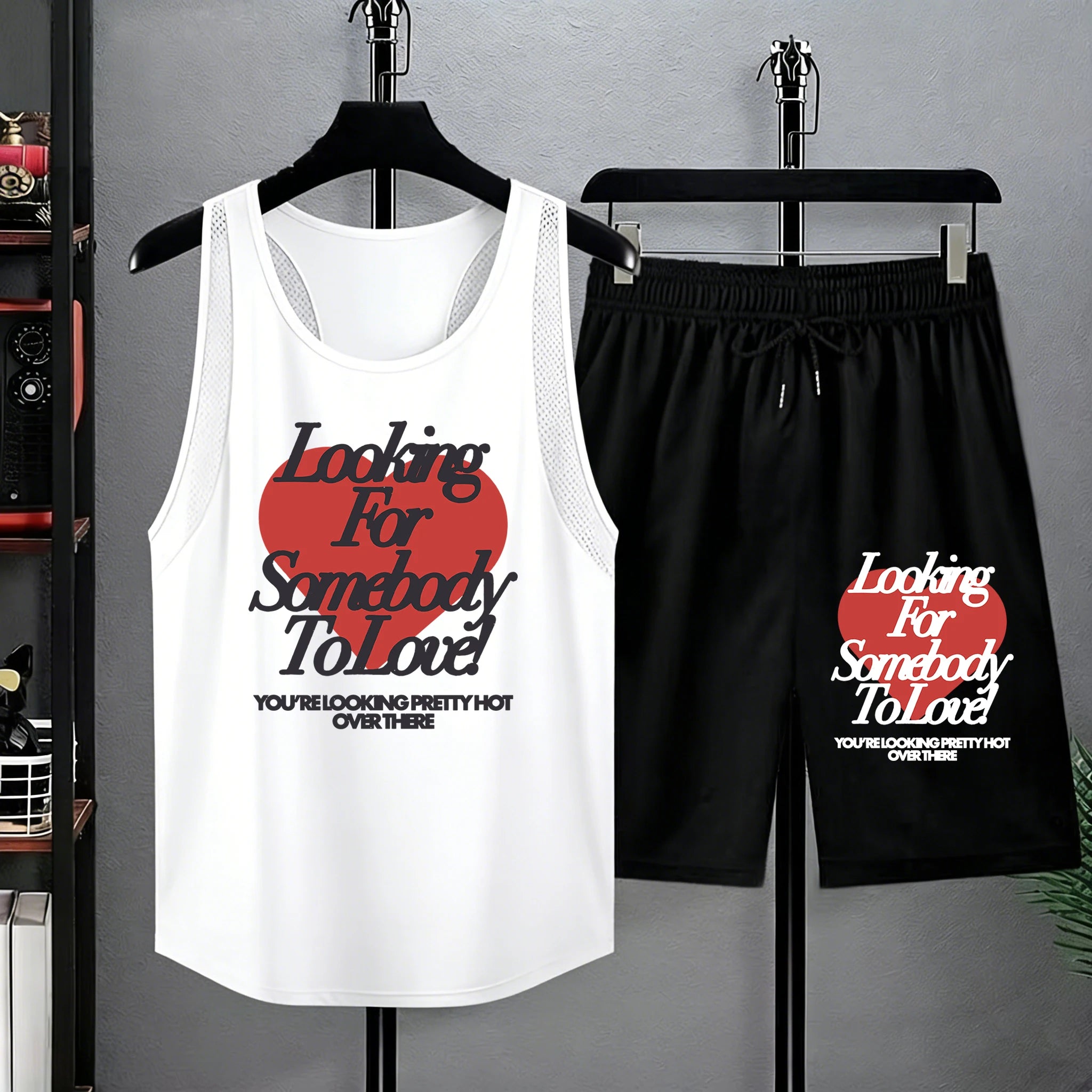 Looking For Somebody To Love Design Male Summer Loose Basic Short Set Simple All-Match Vest Street Casual Sportpants Soft Shorts