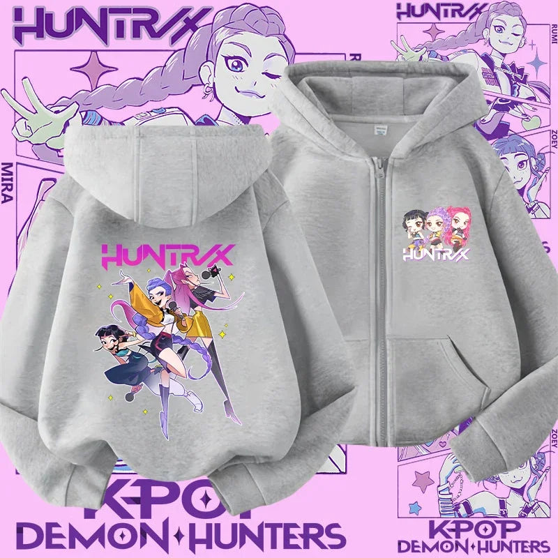 Style Girls' Sport Shirt Kpop Demon Hunters Children's Zippered Hooded Casual Jacket Spring-Autumn Long-Sleeved Cartoon Print