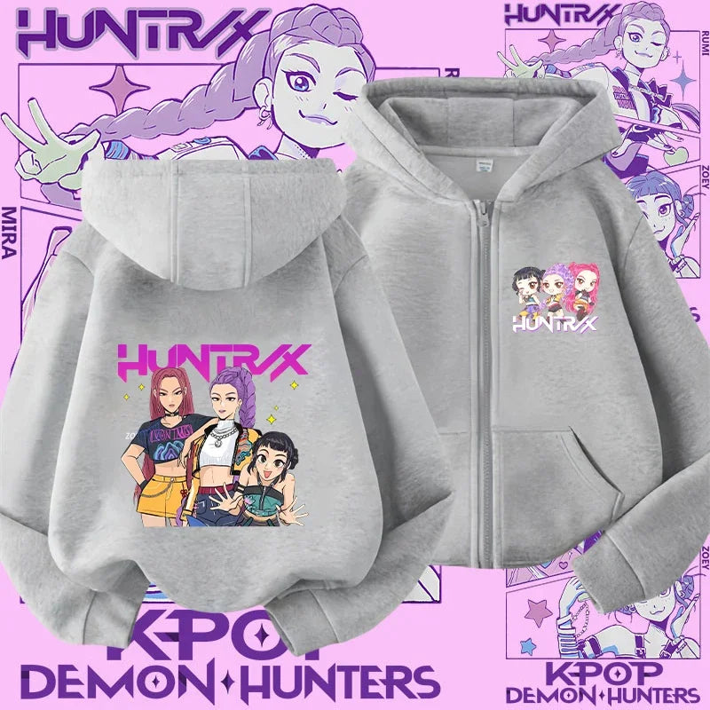 Style Girls' Sport Shirt Kpop Demon Hunters Children's Zippered Hooded Casual Jacket Spring-Autumn Long-Sleeved Cartoon Print