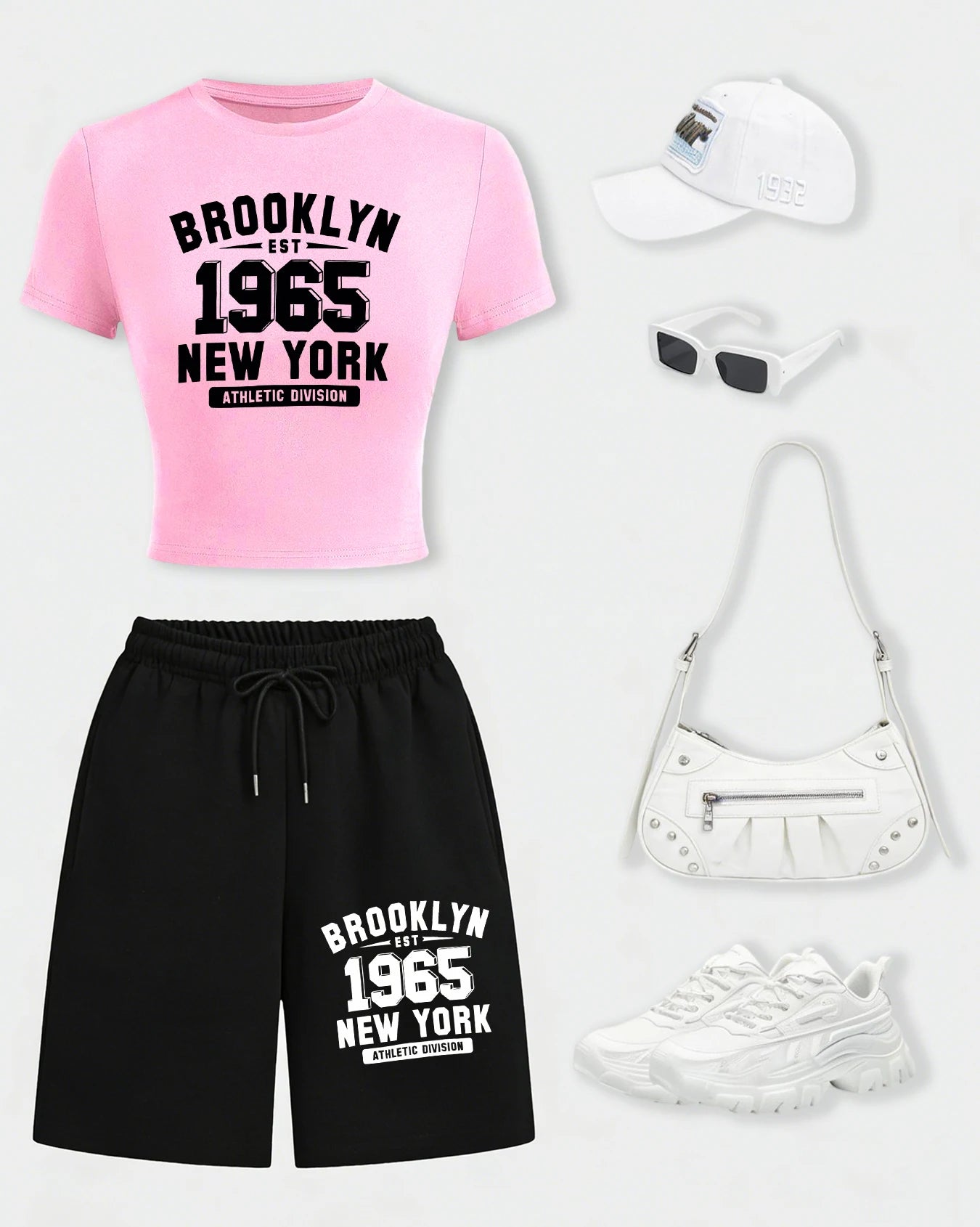 New York City Brooklyn 1965 Print Woman T-Shirt Suits Slim Cotton Crop T Shirt Summer Wide-Leg Shorts Drawstring Pocket Pant