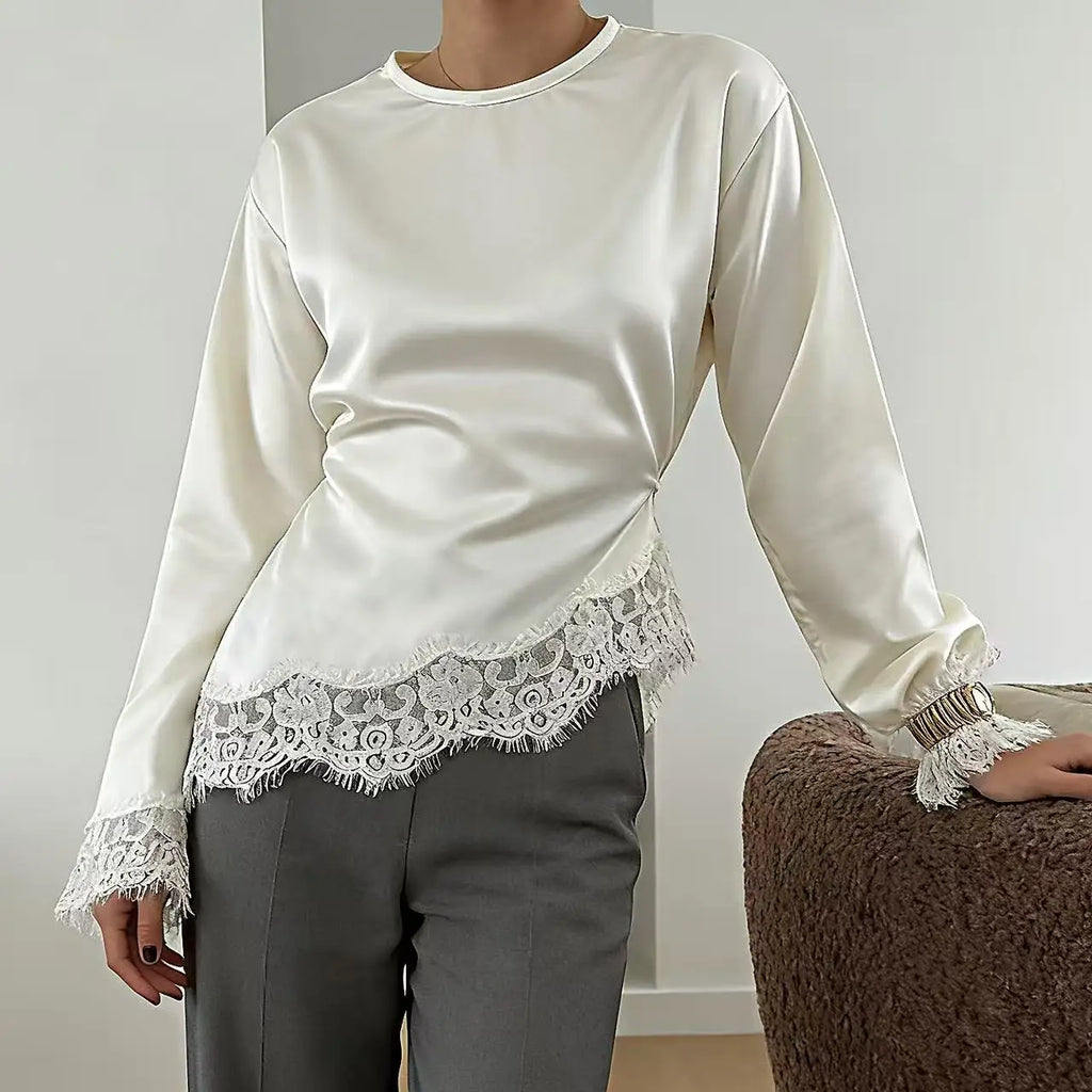 Elegant Satin Lace Patchwork Tops Women 's Slim Belted Waist-cinching O-neck Long Sleeves Female Shirt 2026 Spring Lady Fashion