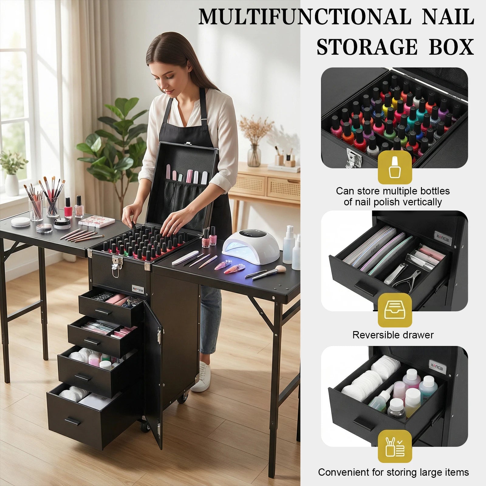 Portable Manicure Table Foldable Nail Table Makeup Train Case with Desk Cosmetic Trolley Travel Storage Organizer with Drawers