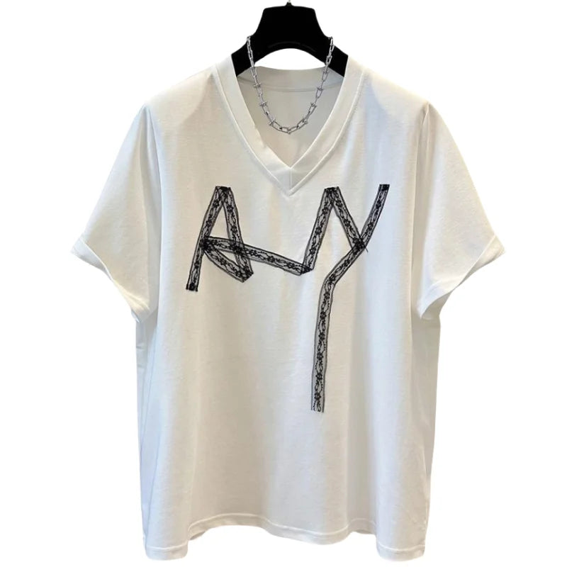 Summer Tshirts Women Chest Lace Stitching T-Shirt Fashion Tops Ladies Chic T-Shirt Female Short Sleeve Casual Tee