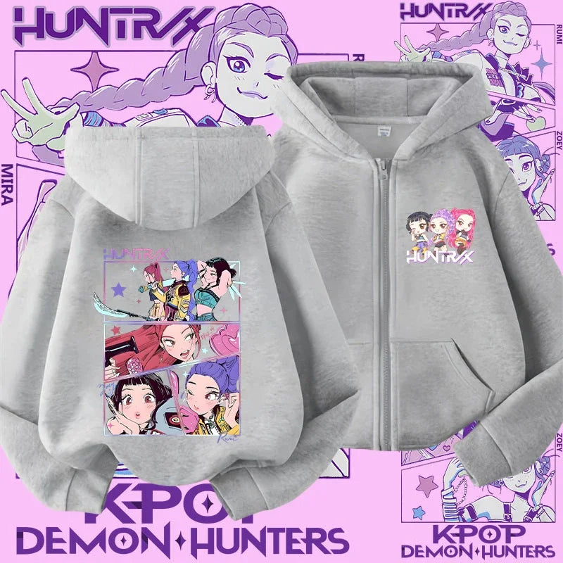 Style Girls' Sport Shirt Kpop Demon Hunters Children's Zippered Hooded Casual Jacket Spring-Autumn Long-Sleeved Cartoon Print