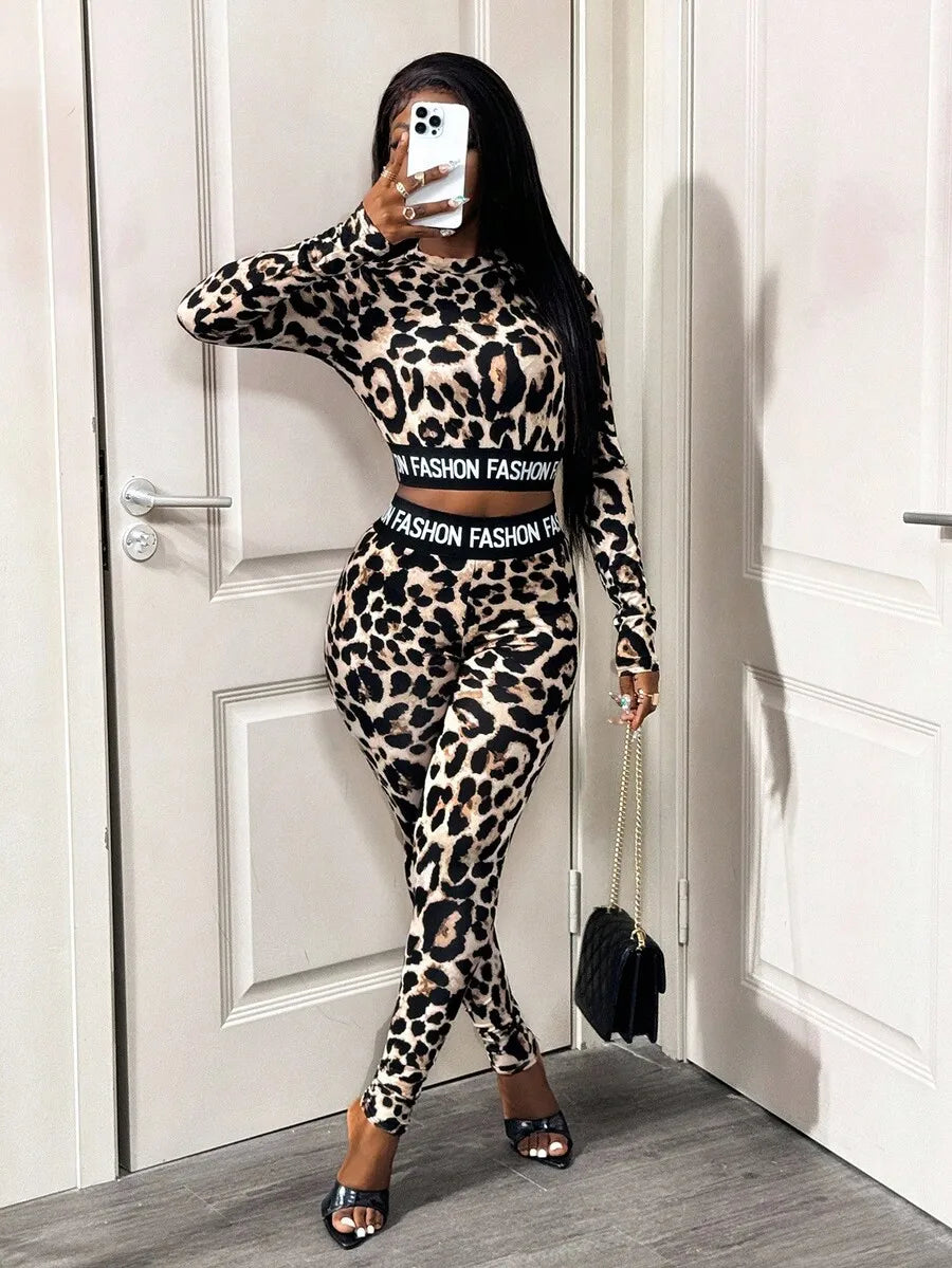 Leopard Print 2-Piece Women's Matching Set with 'FASHION' Waistband, Long Sleeve Crop Top & Leggings