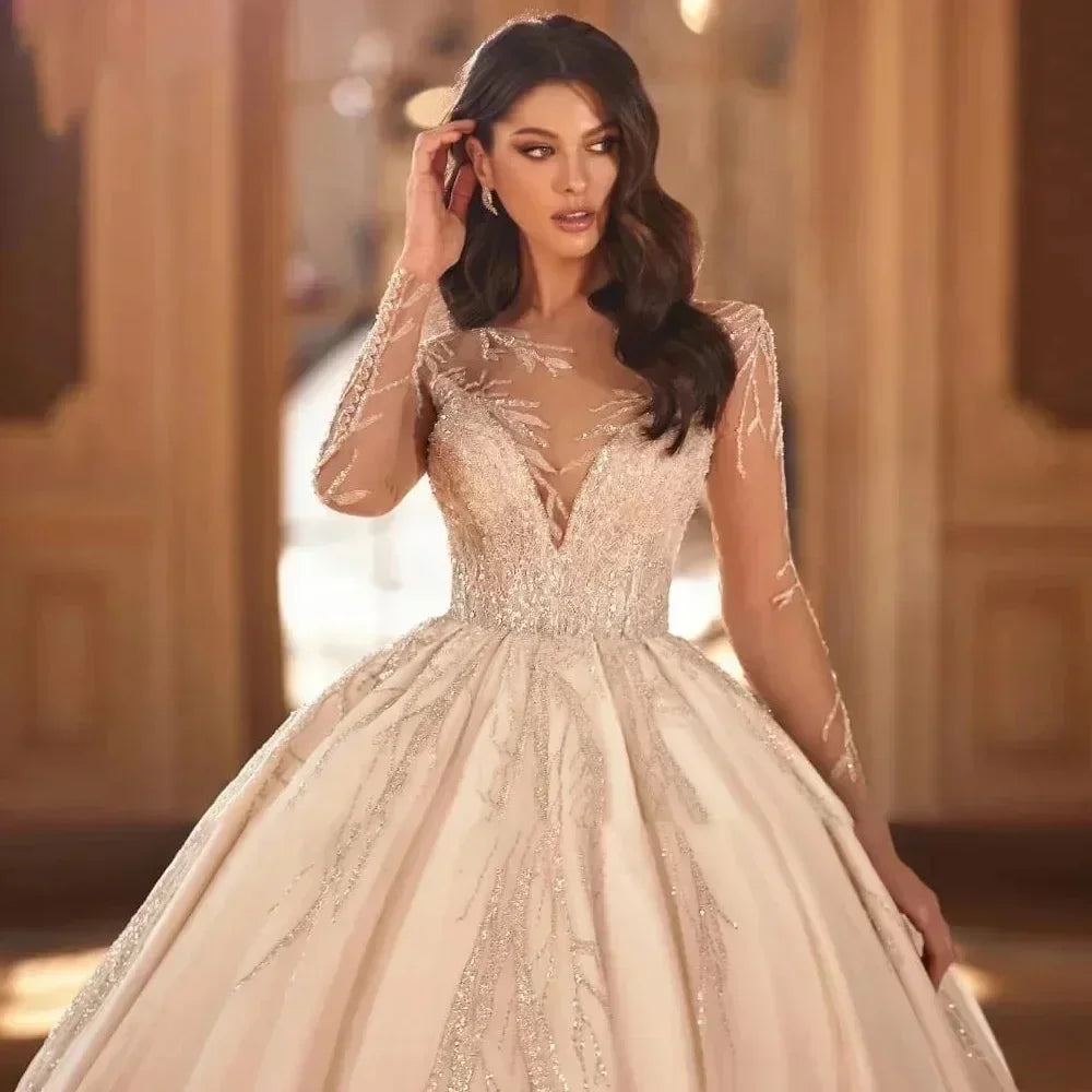 Elegant A-Line Lace Bead Decoration Women's Wedding Dress Sexy V-Neck Transparent Long Sleeved Ballroom Bride Dress Customized