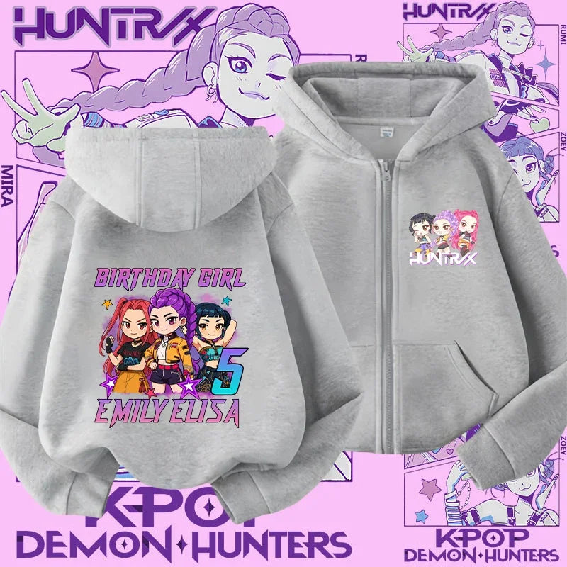 Style Girls' Sport Shirt Kpop Demon Hunters Children's Zippered Hooded Casual Jacket Spring-Autumn Long-Sleeved Cartoon Print