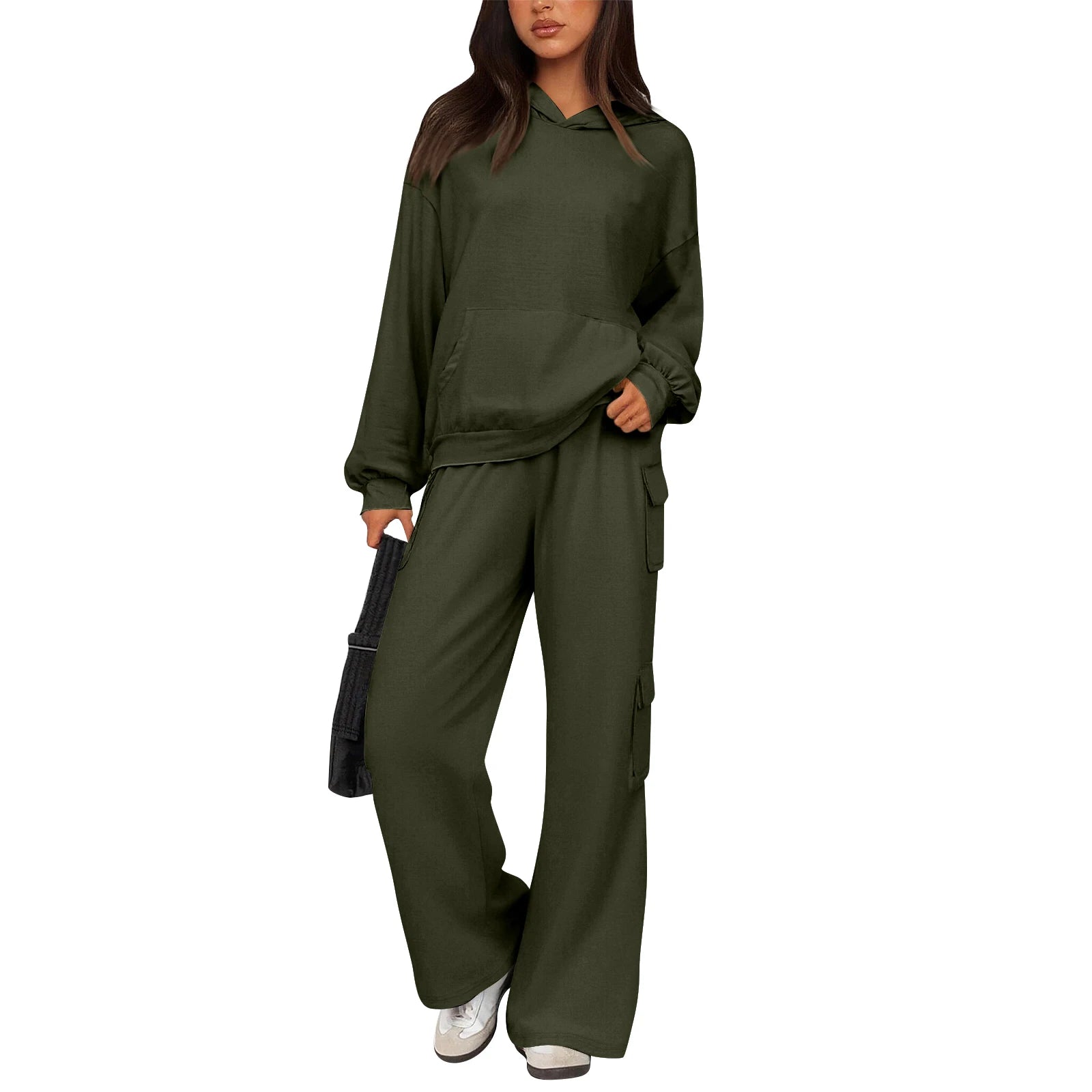 Relaxed Stylish Women Two Piece Set Hoodie Popular Cargo Pocket Wide Leg Pants Trendy Loose Fit Comfy Casual Lounge Outfit