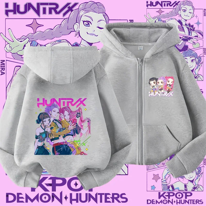 Style Girls' Sport Shirt Kpop Demon Hunters Children's Zippered Hooded Casual Jacket Spring-Autumn Long-Sleeved Cartoon Print