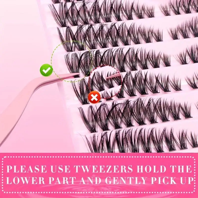 DiY Cluster Lashes Kit 200 Pcs: 8-16mm Mixed, Bond & Seal Glue, Tweezers for Natural Self Application Look