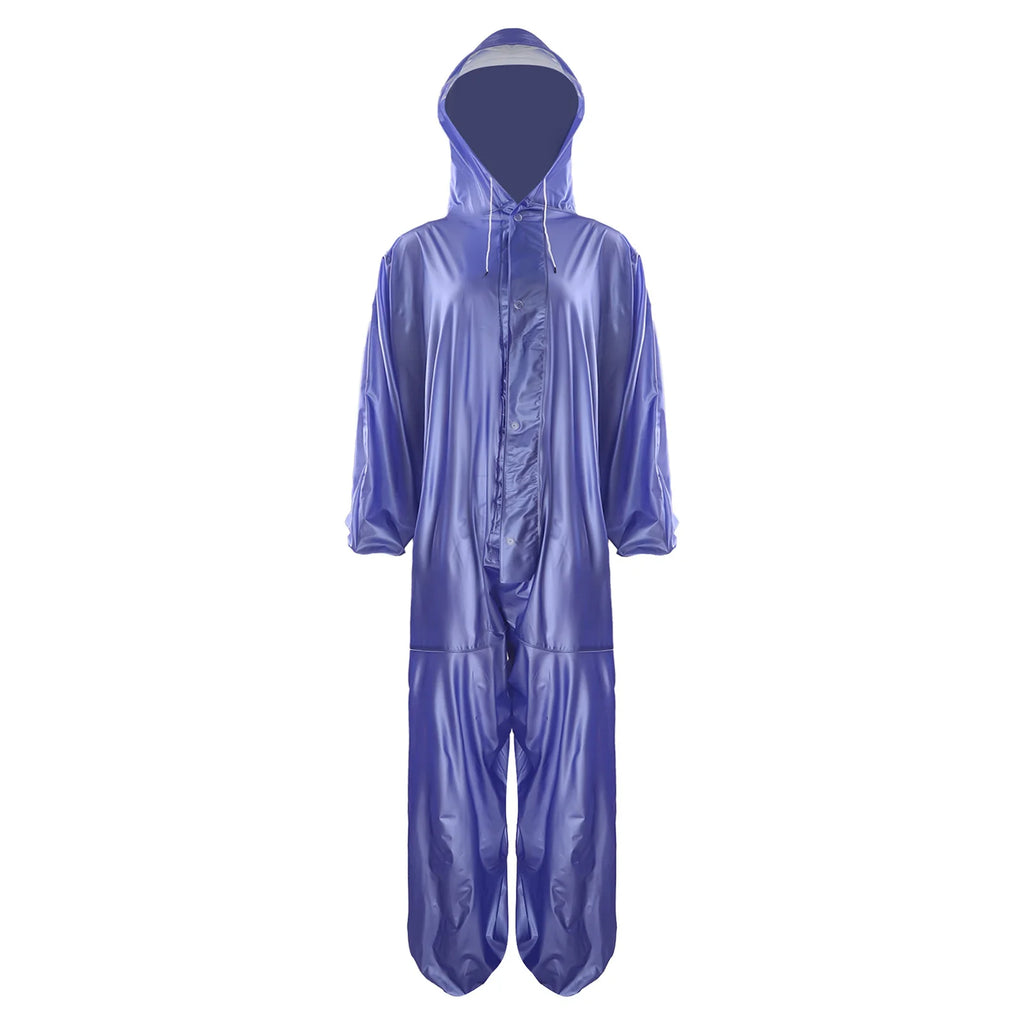 Adults One Piece Full-body Hooded Raincoat Hood with Drawstring Front Button And Zipper One-piece Waterproof Jumpsuit Workwear