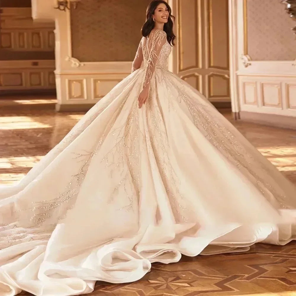 Elegant A-Line Lace Bead Decoration Women's Wedding Dress Sexy V-Neck Transparent Long Sleeved Ballroom Bride Dress Customized
