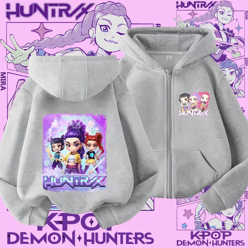Style Girls' Sport Shirt Kpop Demon Hunters Children's Zippered Hooded Casual Jacket Spring-Autumn Long-Sleeved Cartoon Print