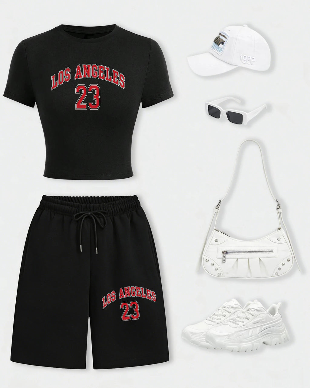 Los Angeles 24 Creative Letter Print T-Shirt Set Women Summer Cotton Crop T Shirt Wide-Leg Shorts Drawstring Pocket Gym Pant